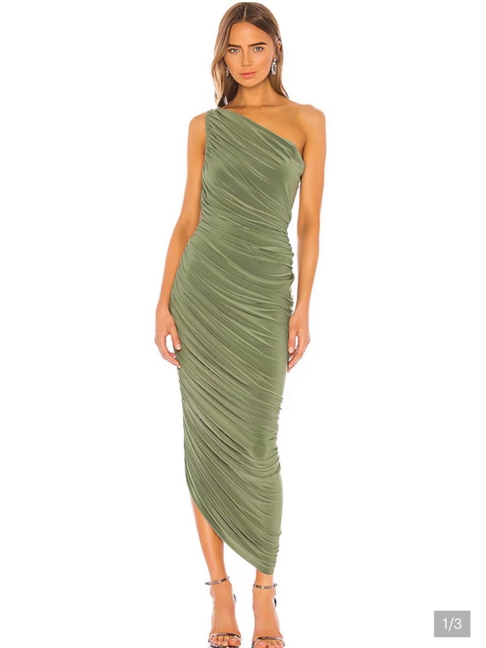 Norma Kamali Olive One-Shoulder Ruched Midi Dress